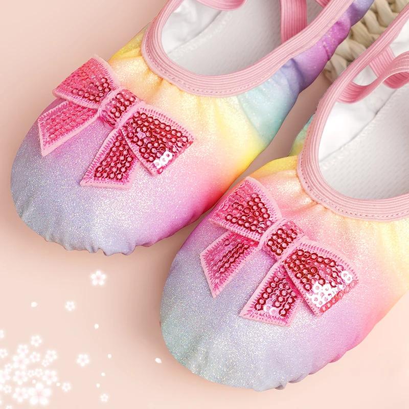 Chaussures de ballet pour filles à paillettes irisées - Pantoufles souples pour enfants danse