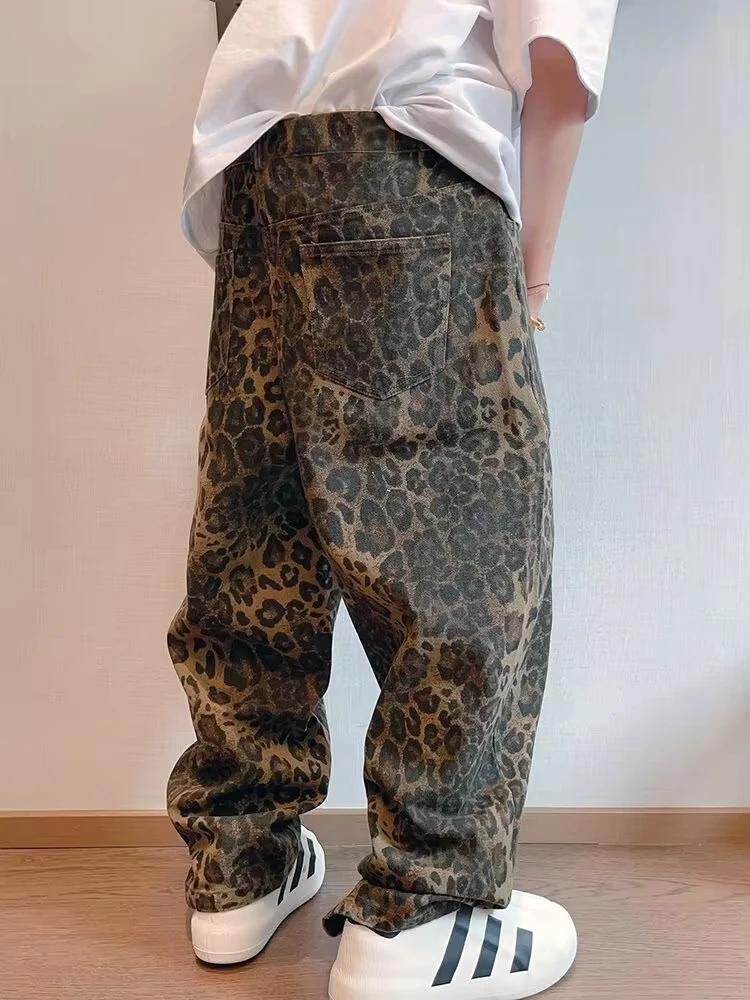 Jean léopard Tan pour homme, pantalon en Denim, surdimensionné, jambes larges, Streetwear, Hip Hop,