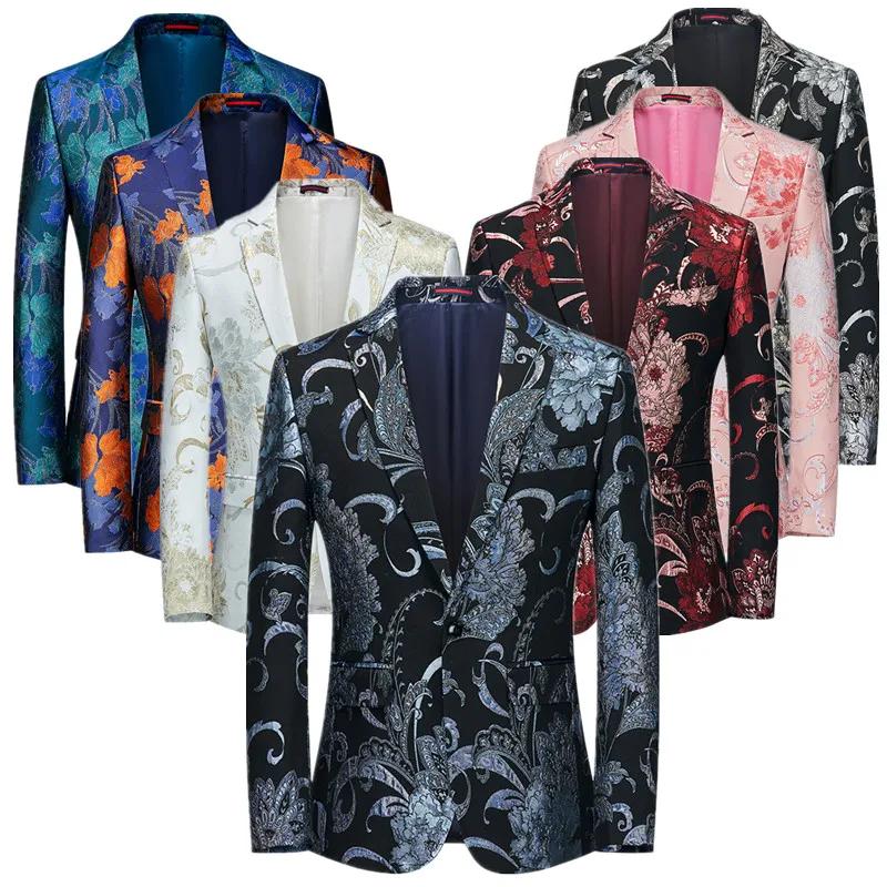 Veste Jacquard imbibée de fleurs pour hommes, blazer à bouton unique, manteau de scène de chanteur,