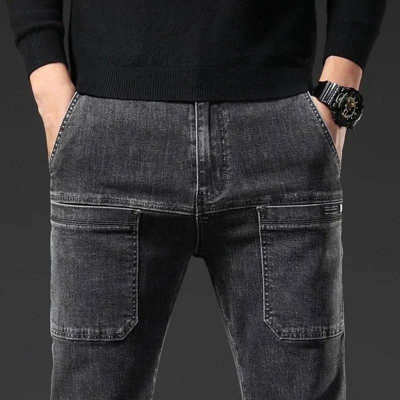 Jeans pour homme à six poches, fins, pour le printemps et l'été, coupe droite élastique, décontracté