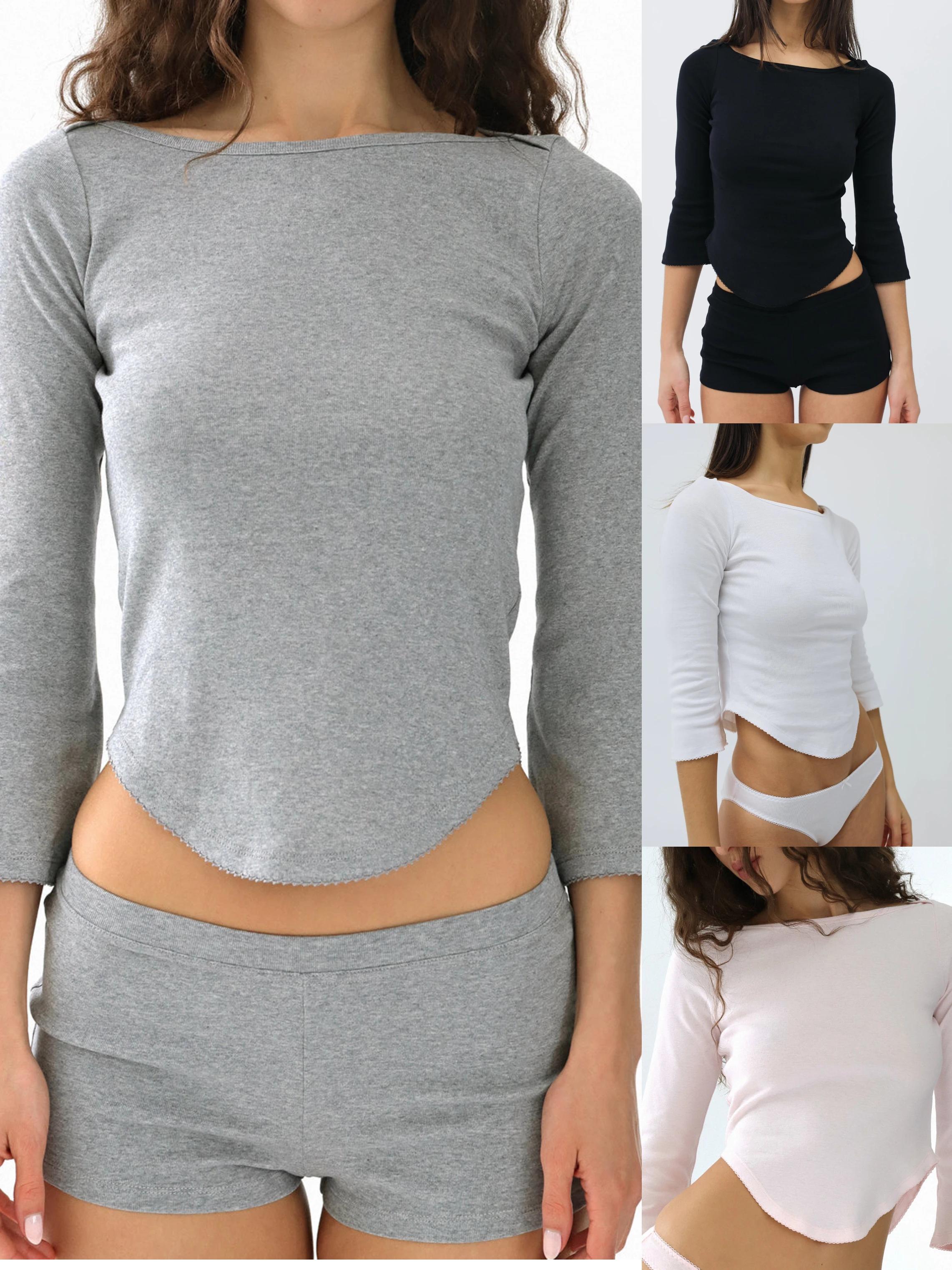 T-shirt rose à manches trois-quarts et col rond pour l'automne, haut gris à ourlet en V, haut blanc