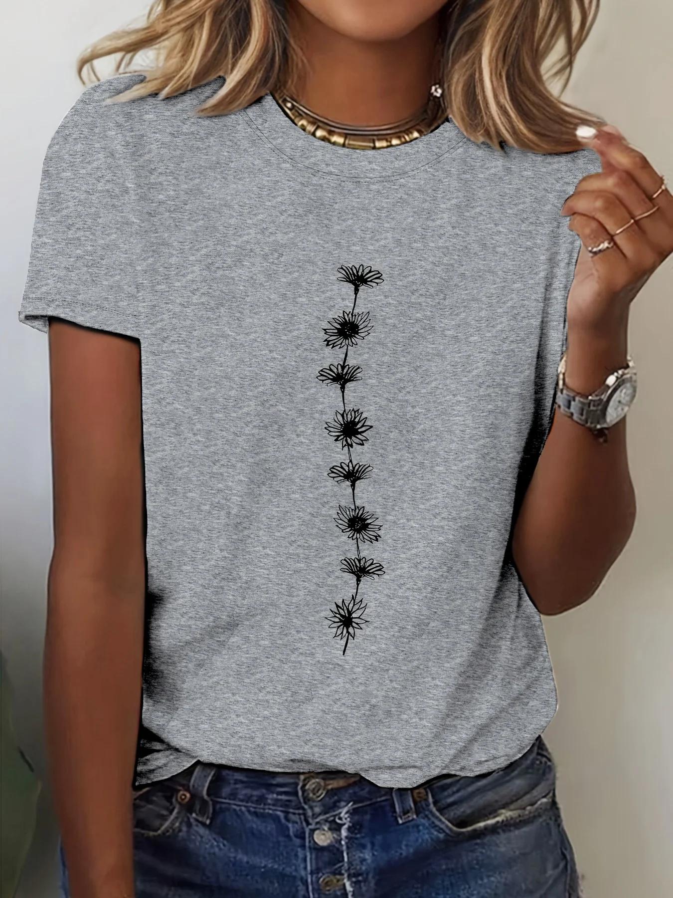 T-Shirt décontracté imprimé tournesol pour femmes, haut à manches courtes et col rond, parfait pour