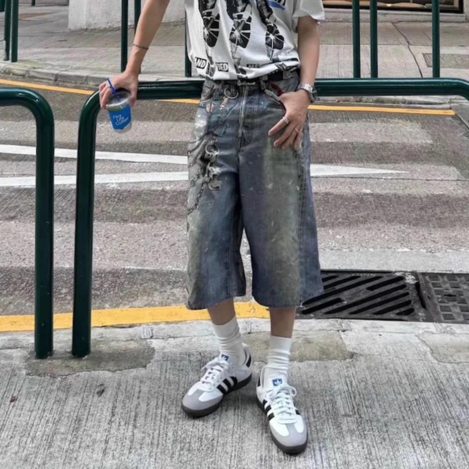 Shorts en jean baggy patchwork imprimé 3D pour hommes, style streetwear, nouvelle collection été, co