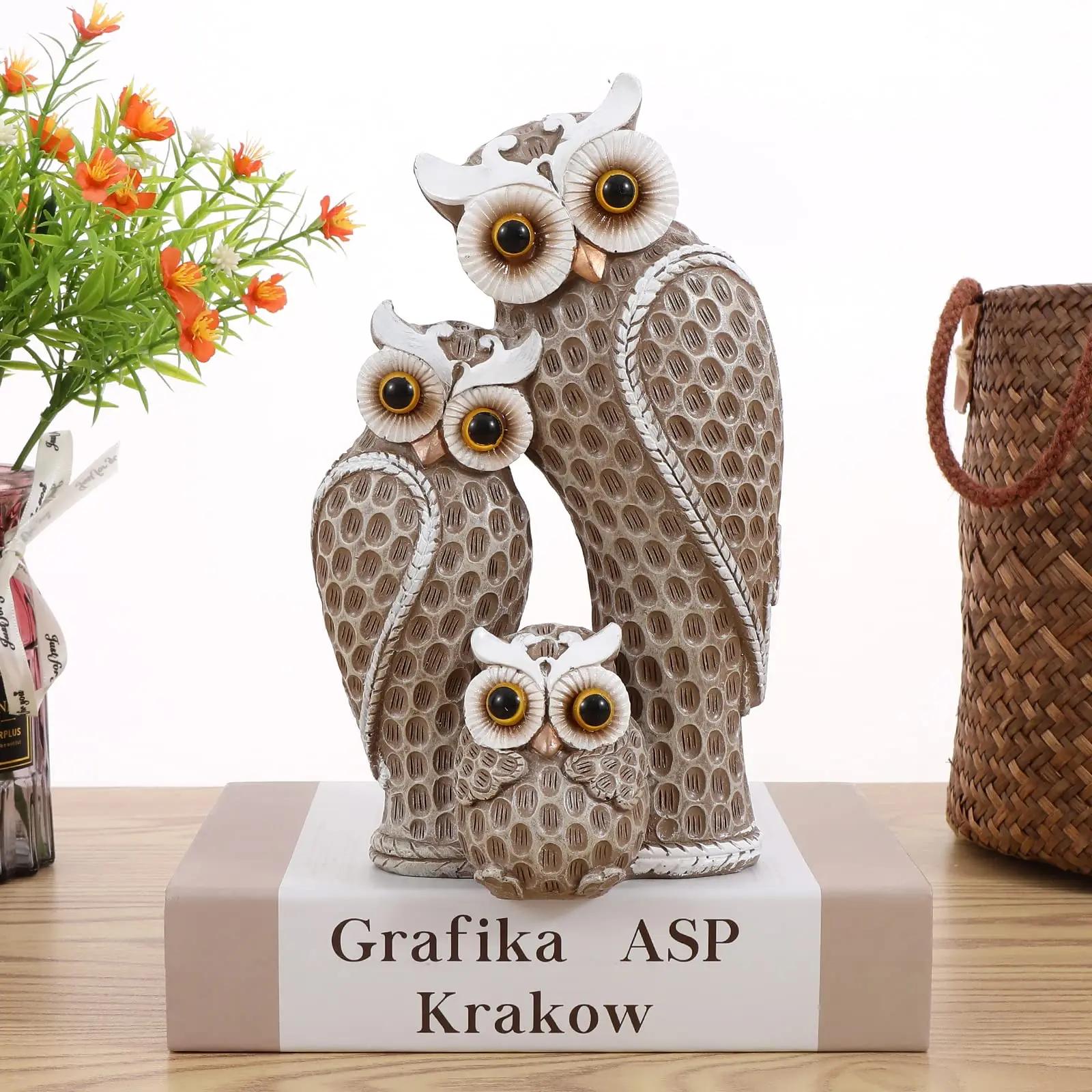 Famille de trois statues de hibou mignonnes, décoration de maison, statues de hibou sur étagères, dé