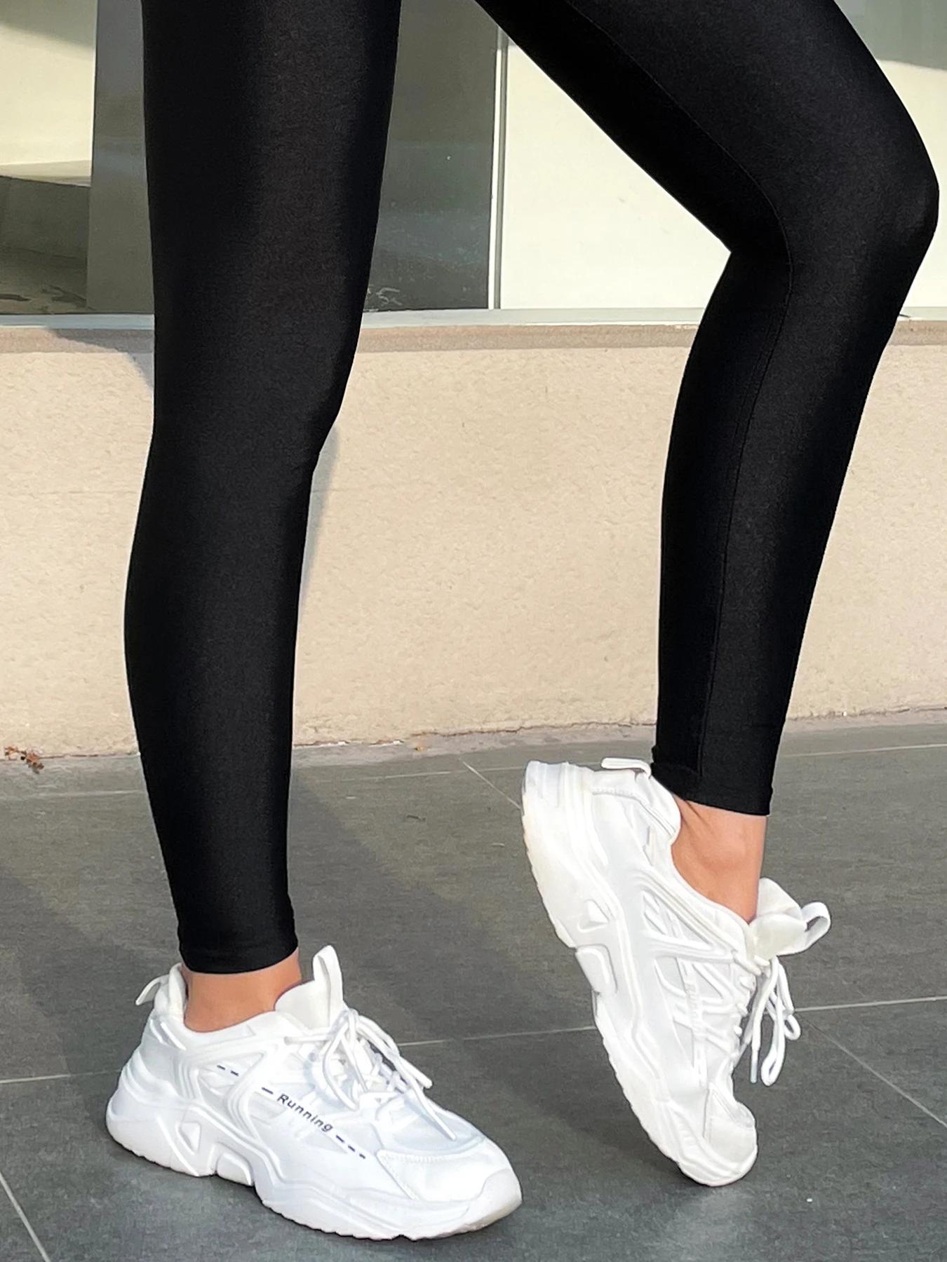 Leggings noirs taille haute, pantalon moulant à neuf points, couleur unie, amincissant, grande taill