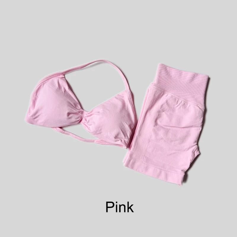 Ensemble de Yoga pour femmes, Fitness, gymnastique, couleur unie, taille haute, pêche, Legging court
