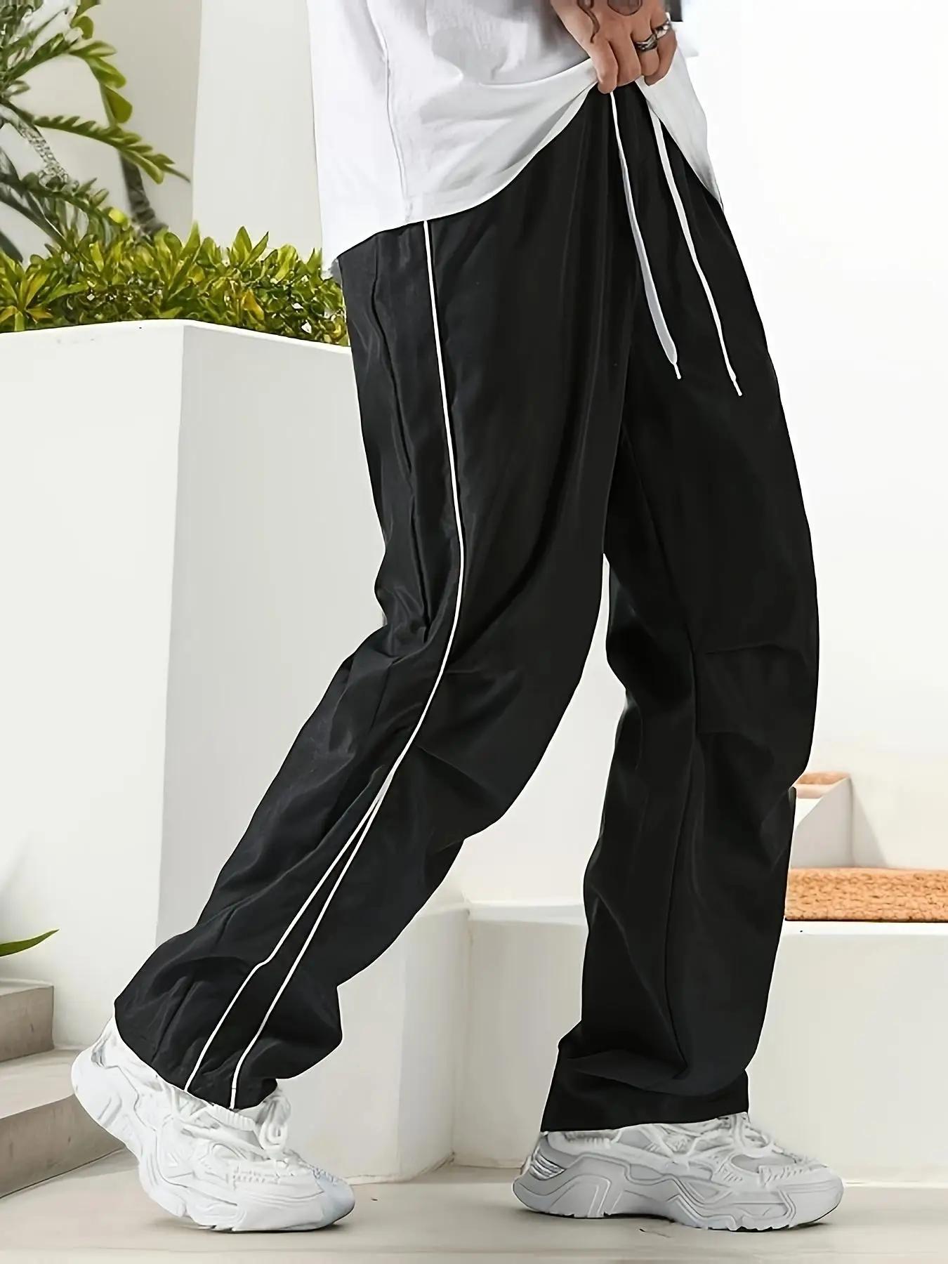 Pantalon droit de sport uni régulier pour hommes avec cordons et ceinture élastique, conception de s