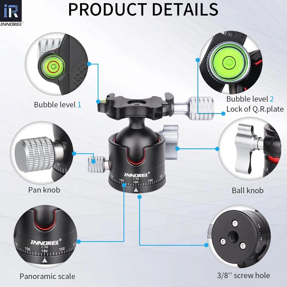 INNOREL C36 Rotule à profil bas 36 mm CNC Métal 360 ° Tête de trépied d'appareil photo panoramique