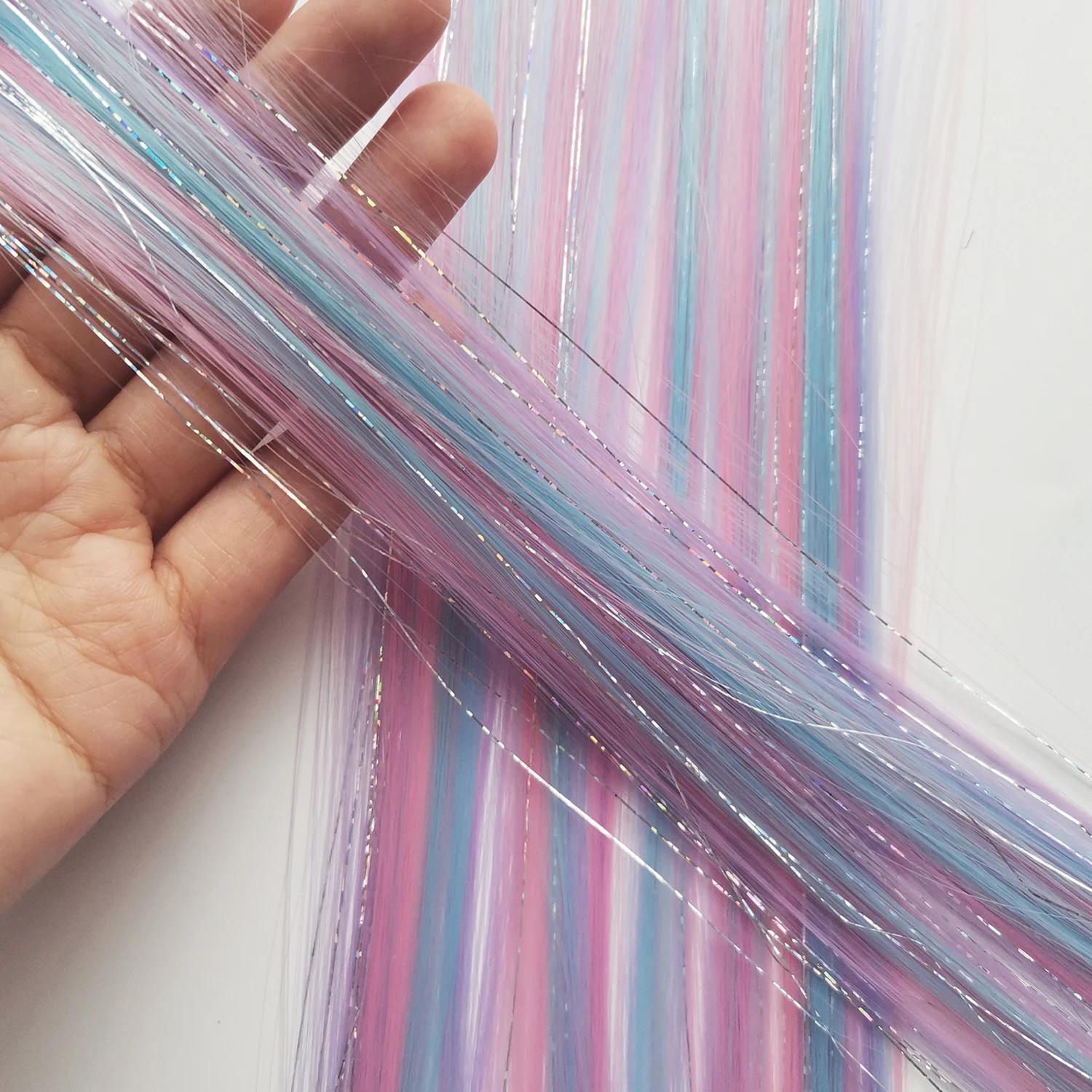Extensions de cheveux synthétiques à clips licorne colorées, tinsels argentés mélangés, arc-en-ciel,
