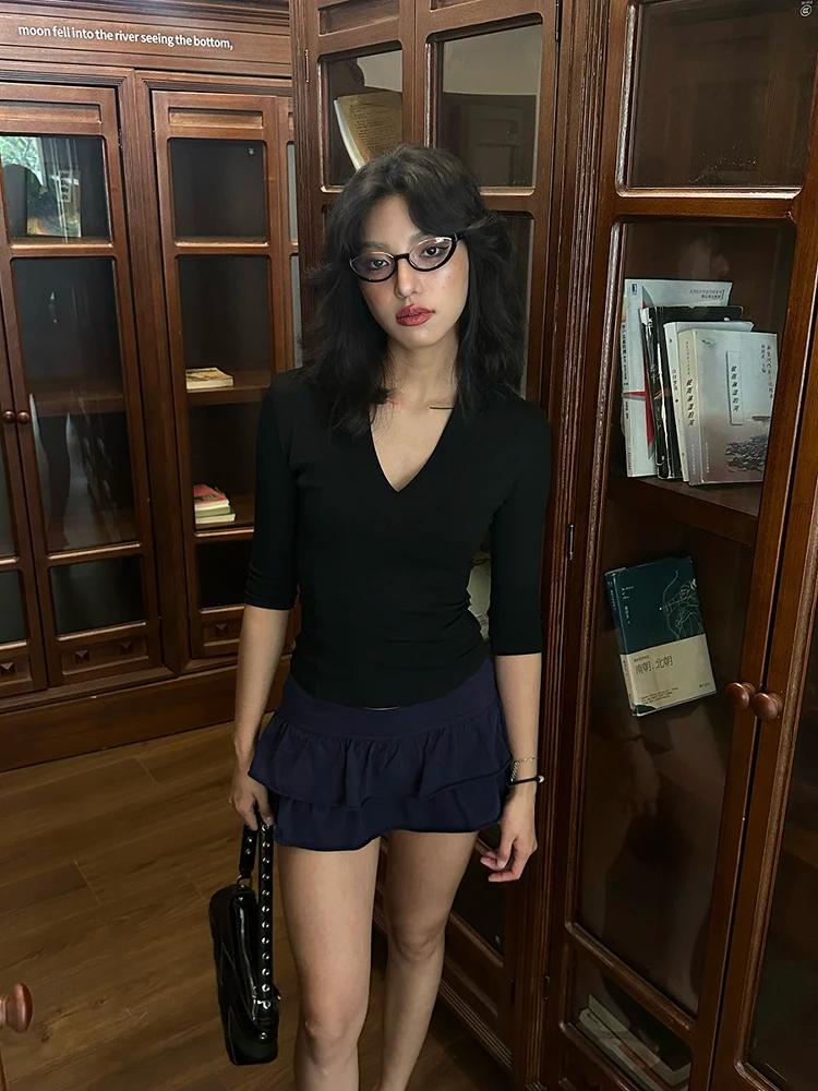 Yedinas col en v Streetwear noir T-shirt femmes vêtements demi manches mode coréenne mince été hauts