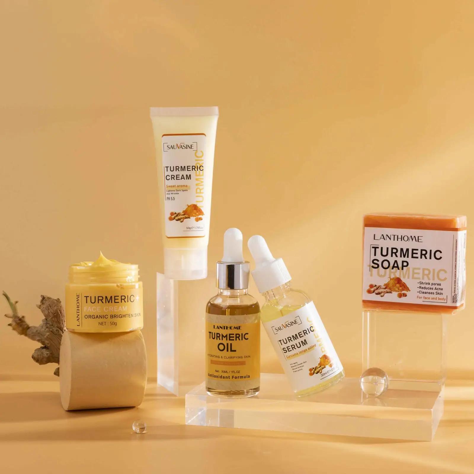 Ensemble de soin du visage au curcuma, crème nettoyante contre l'acné, sérum anti-âge, hydratant pou