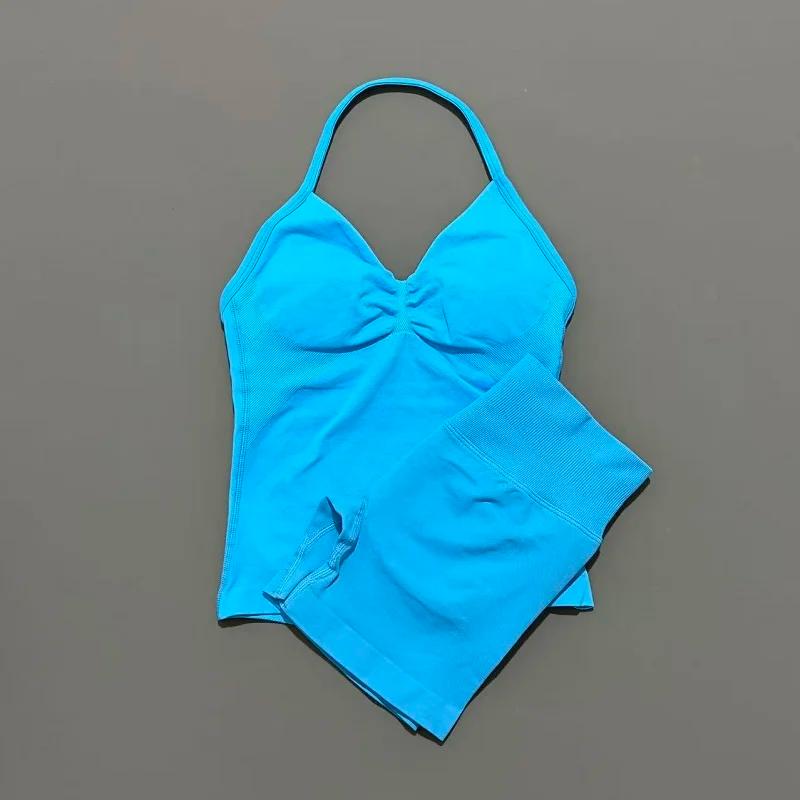 Yoga 2 pièces ensemble de gymnastique femmes dos nu haut à licou taille haute sans couture Shorts co