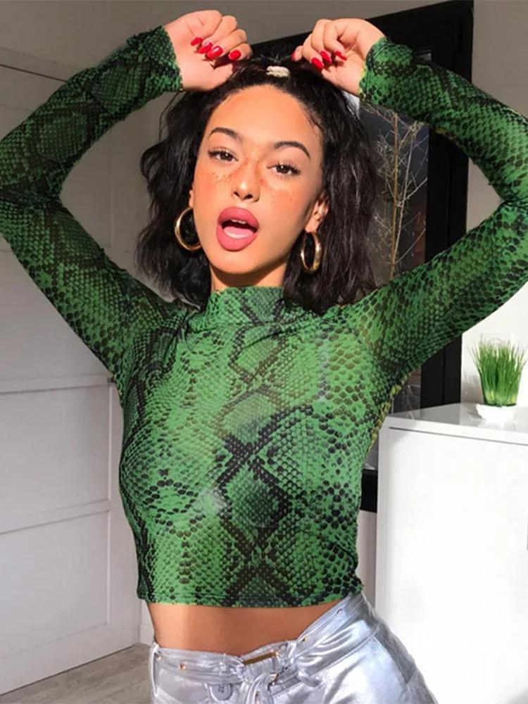 Décontracté vert serpent imprimé T-shirt femmes haut en maille à manches longues Transparent peau de