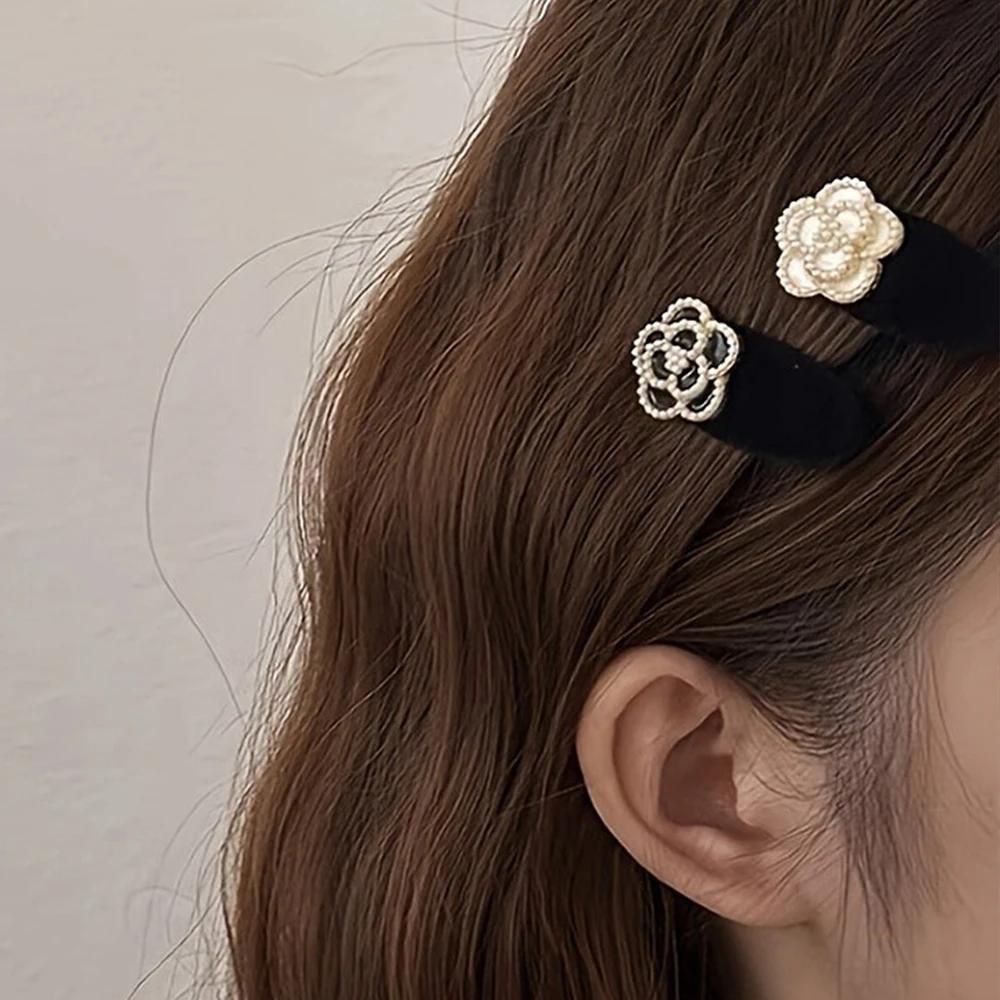 Pince à cheveux camélia de montagne pour femme, 2 pièces, élégante, perle, tempérament noir, Clip la