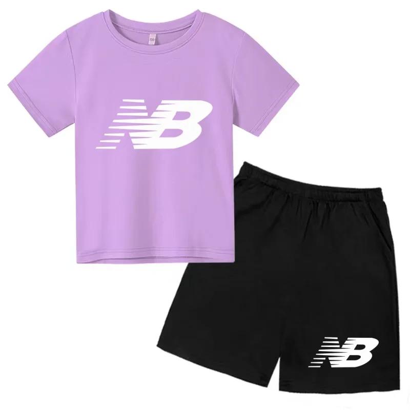 T-shirt noir à col rond et short pour enfants, ensemble de sport décontracté à manches courtes pour