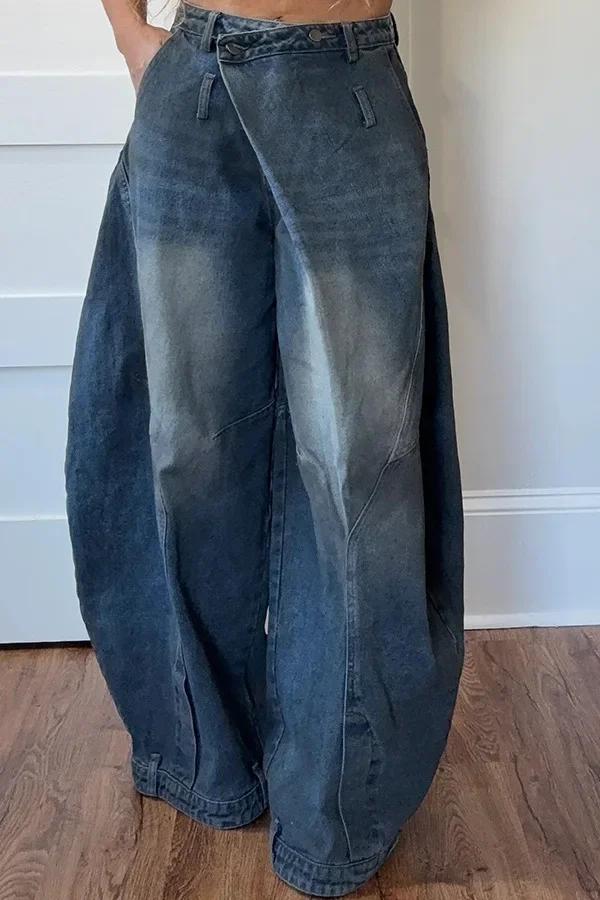 Jean ample vintage en denim pour femme, taille mi-haute, délavé et déchiré, longueur ras du sol, sty