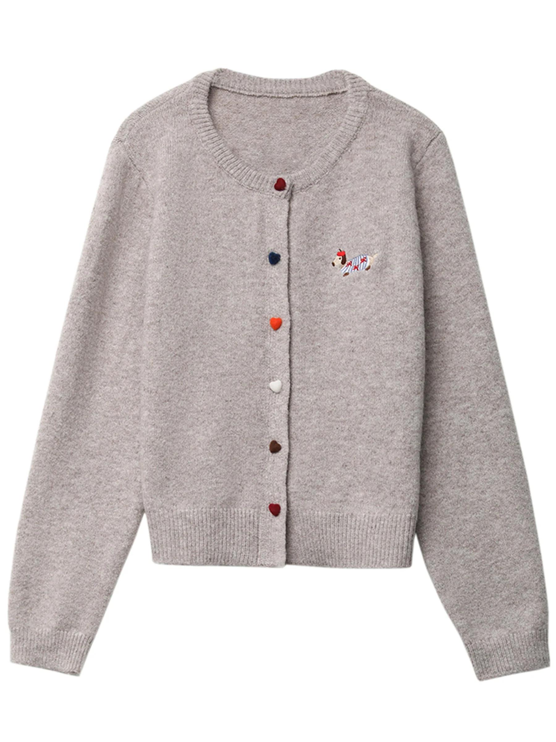 CHIC VEN femmes Cardigan ample décontracté nouveau col rond amour bouton chien broderie tricoté chan
