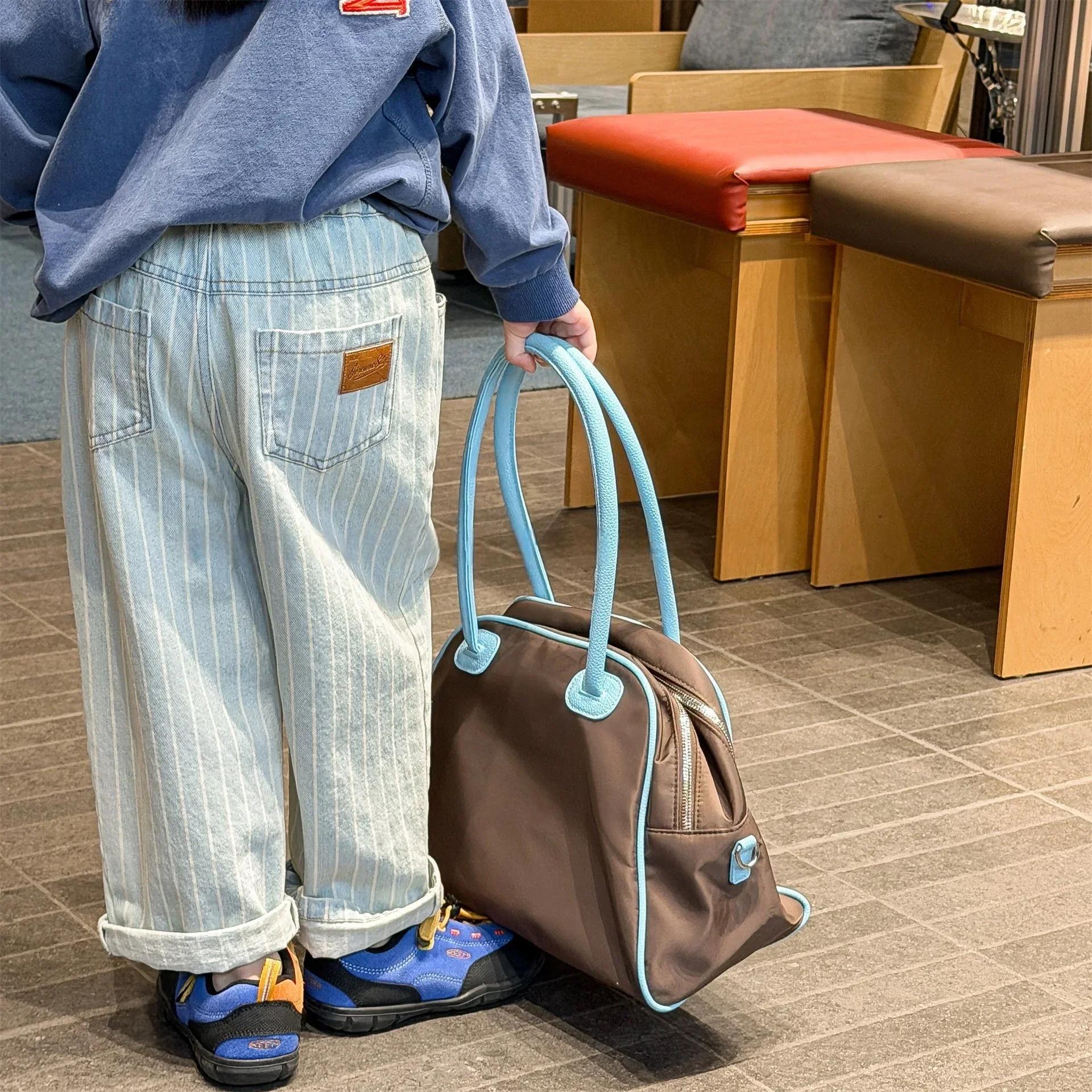 Jean rayé en Denim extensible doux pour enfants, pantalon à poignets enroulables à taille élastique