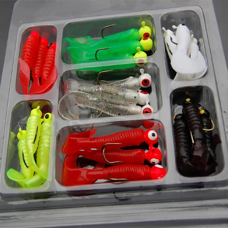21 pièces/ensemble Mini leurre de pêche souple tête de gabarit crochet ver ver Silicone appâts de po