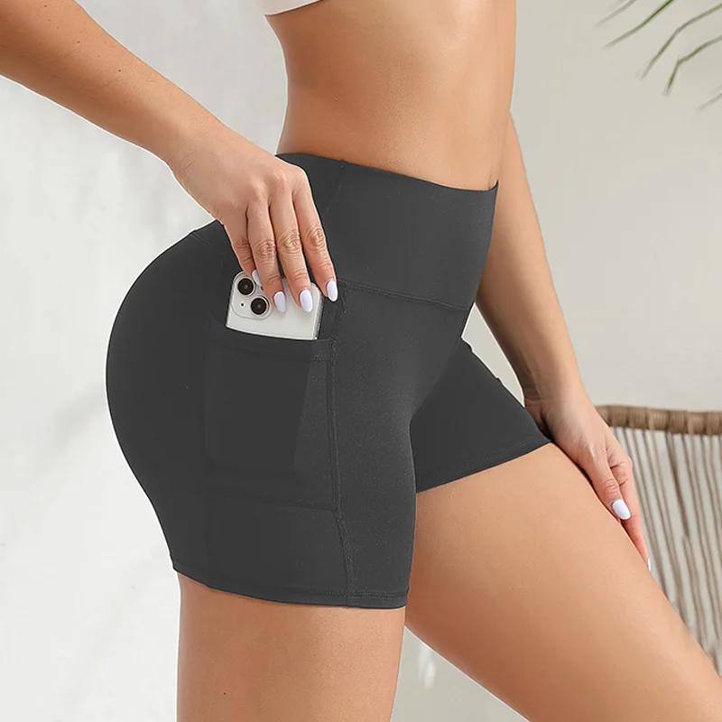 Short de yoga femme spandex taille haute avec poches pour entraînement confortable