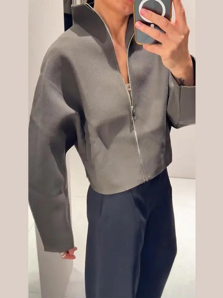 Veste courte en tricot pour femmes, col montant, fermeture éclair, manteau ample à manches longues,