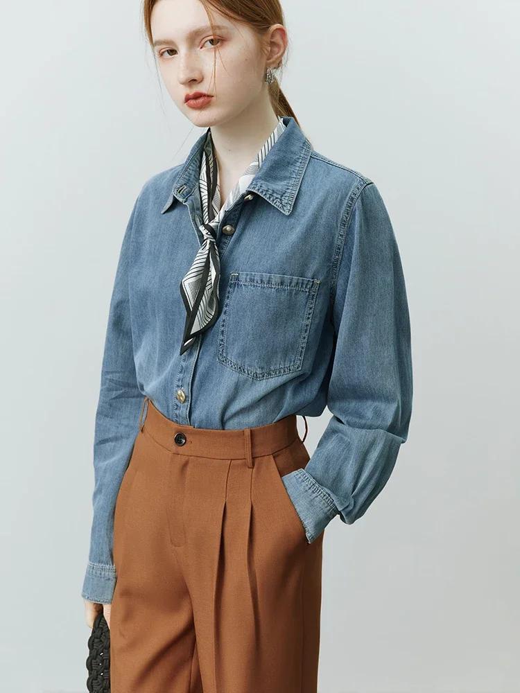FSLE-Chemise en denim bleu doux pour femme, chemise à col en V empilable, chemise décontractée, chem