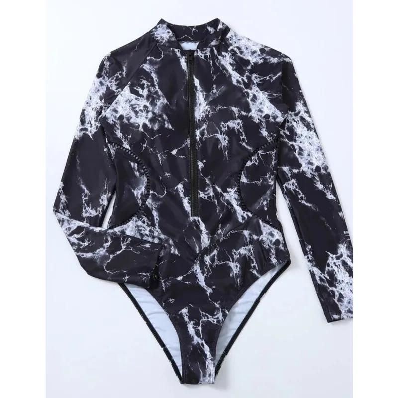 Été impression fermeture éclair une pièce maillot de bain fermé à manches longues maillots de bain s