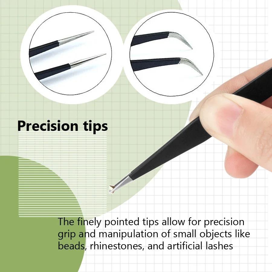 Pincettes antistatiques, pincettes noires de précision pour Nail Art et Extensions de cils, outils d