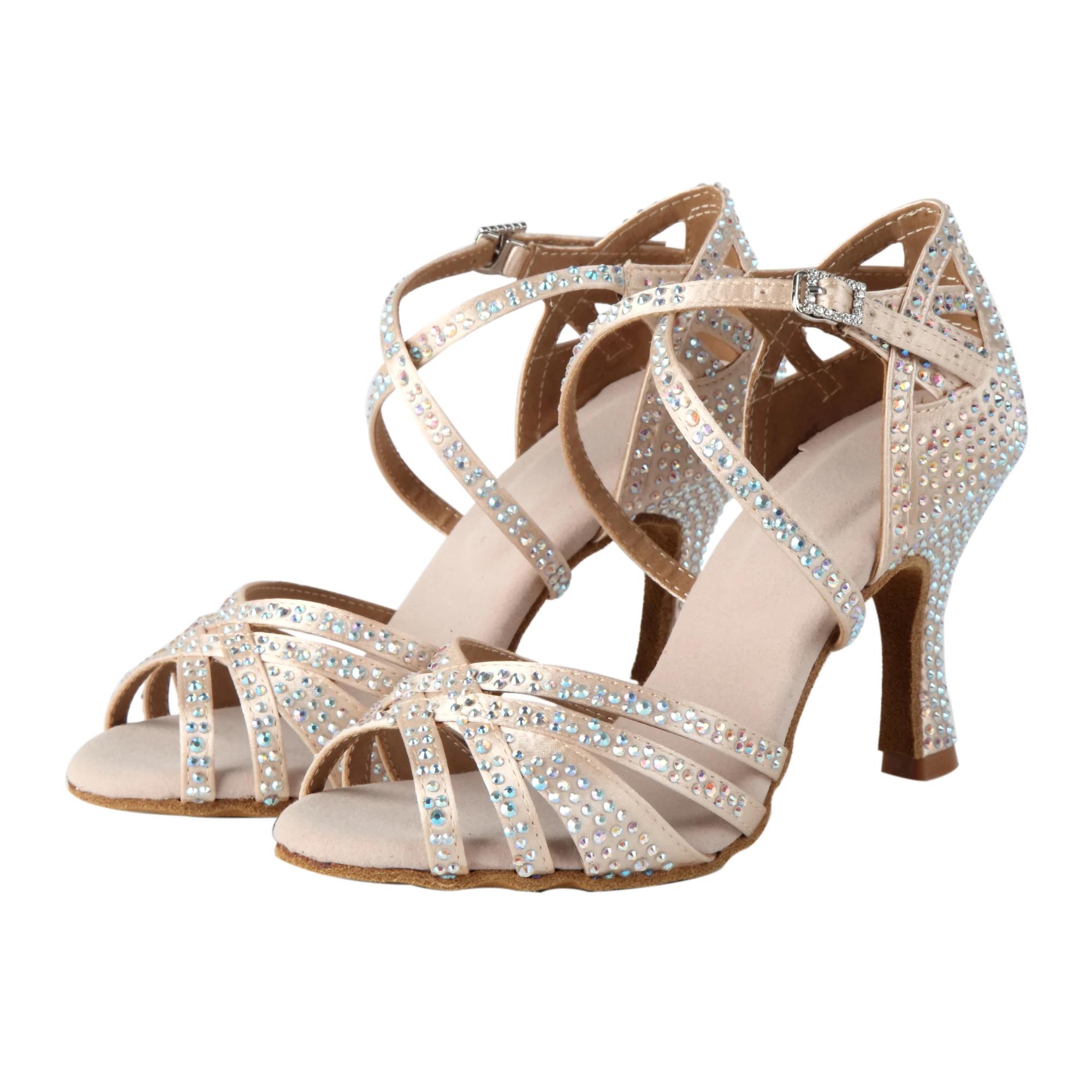 Chaussures danse latine diamants abricot noir bleu - Talons 7.5cm professionnels adultes femmes