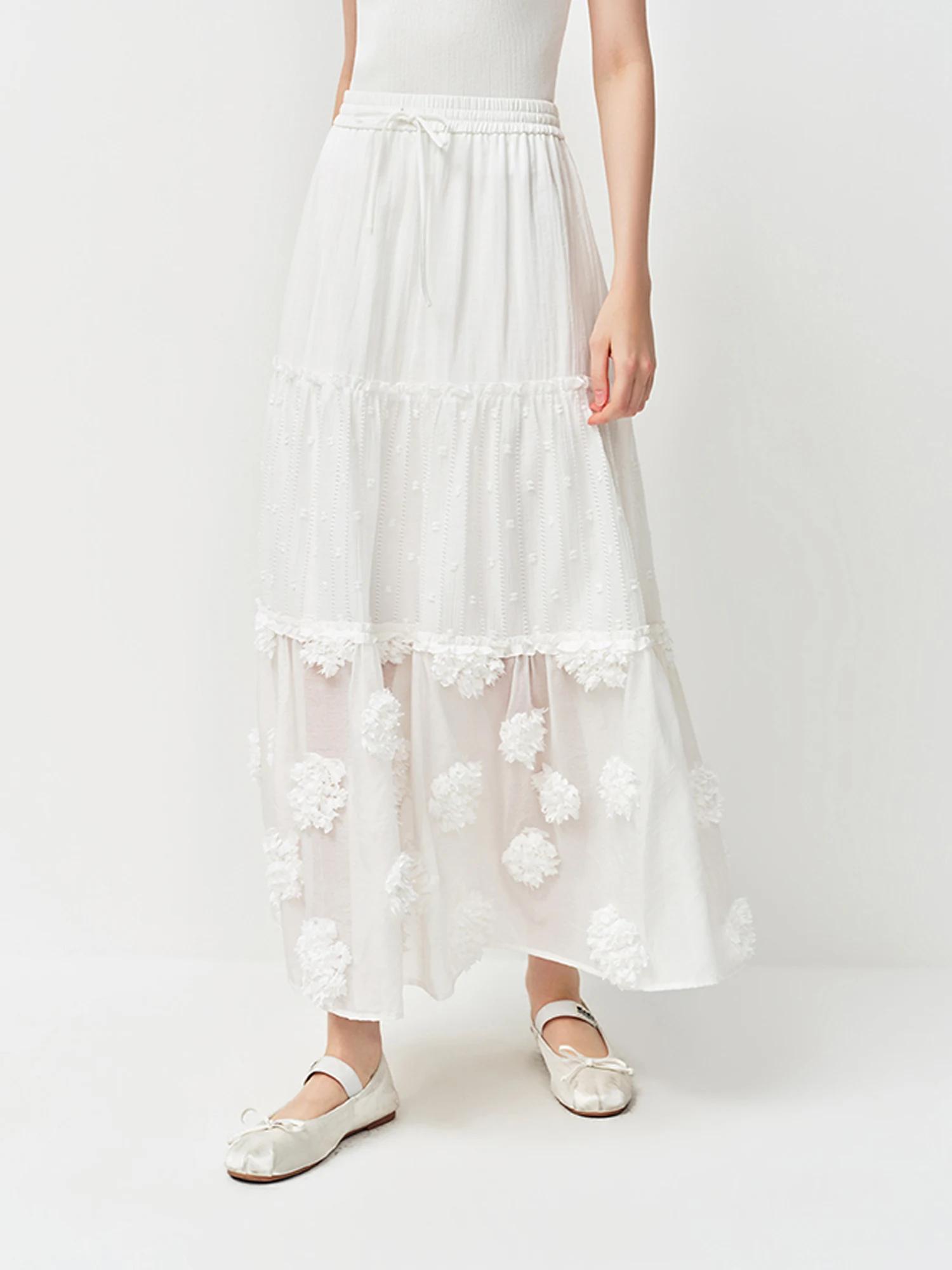Jupe midi superposée FSLE 2026 pour femme, jupe trapèze blanche brodée de fleurs 3D pour un style ré