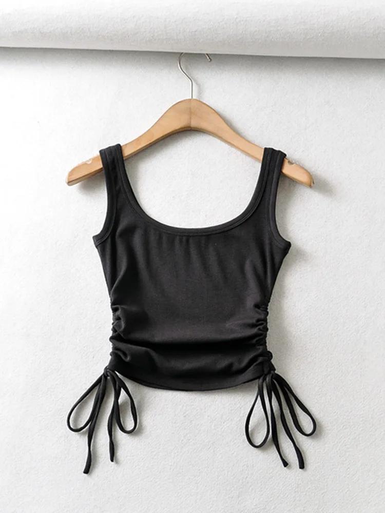Nouveauté filles décontracté couleur unie deux côtés cordon gilet plis froncé Sexy débardeur et Cami