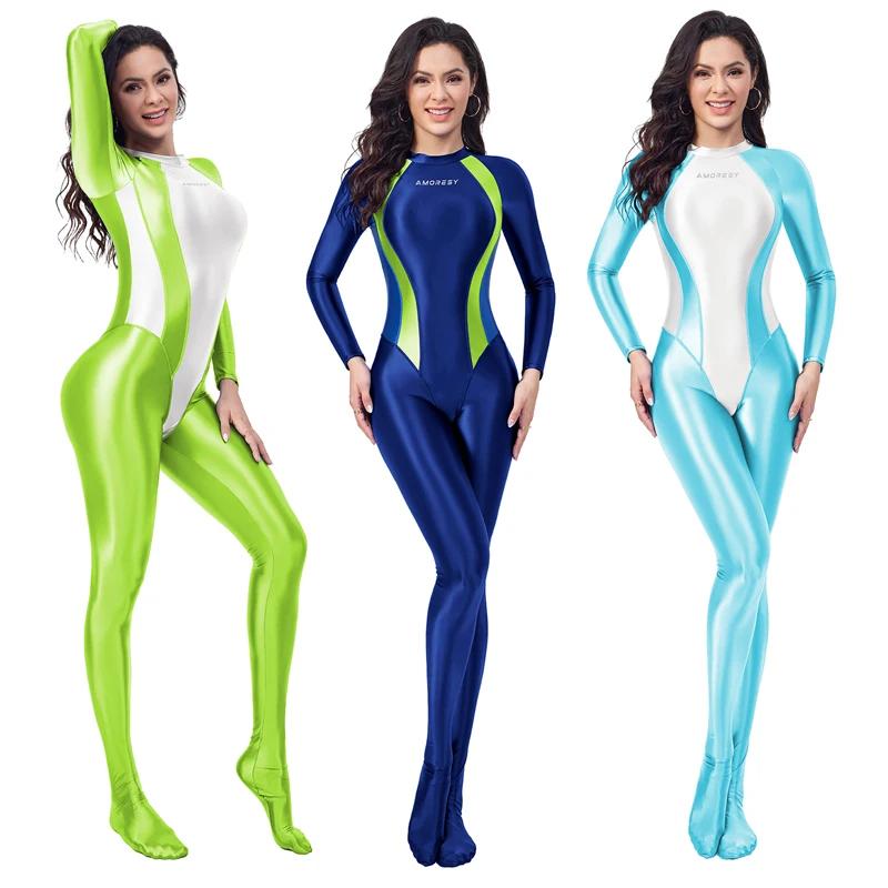 AMORESY brillant femmes corps costumes combinaison serrée huileux lisse brillant sport cyclisme Fitn