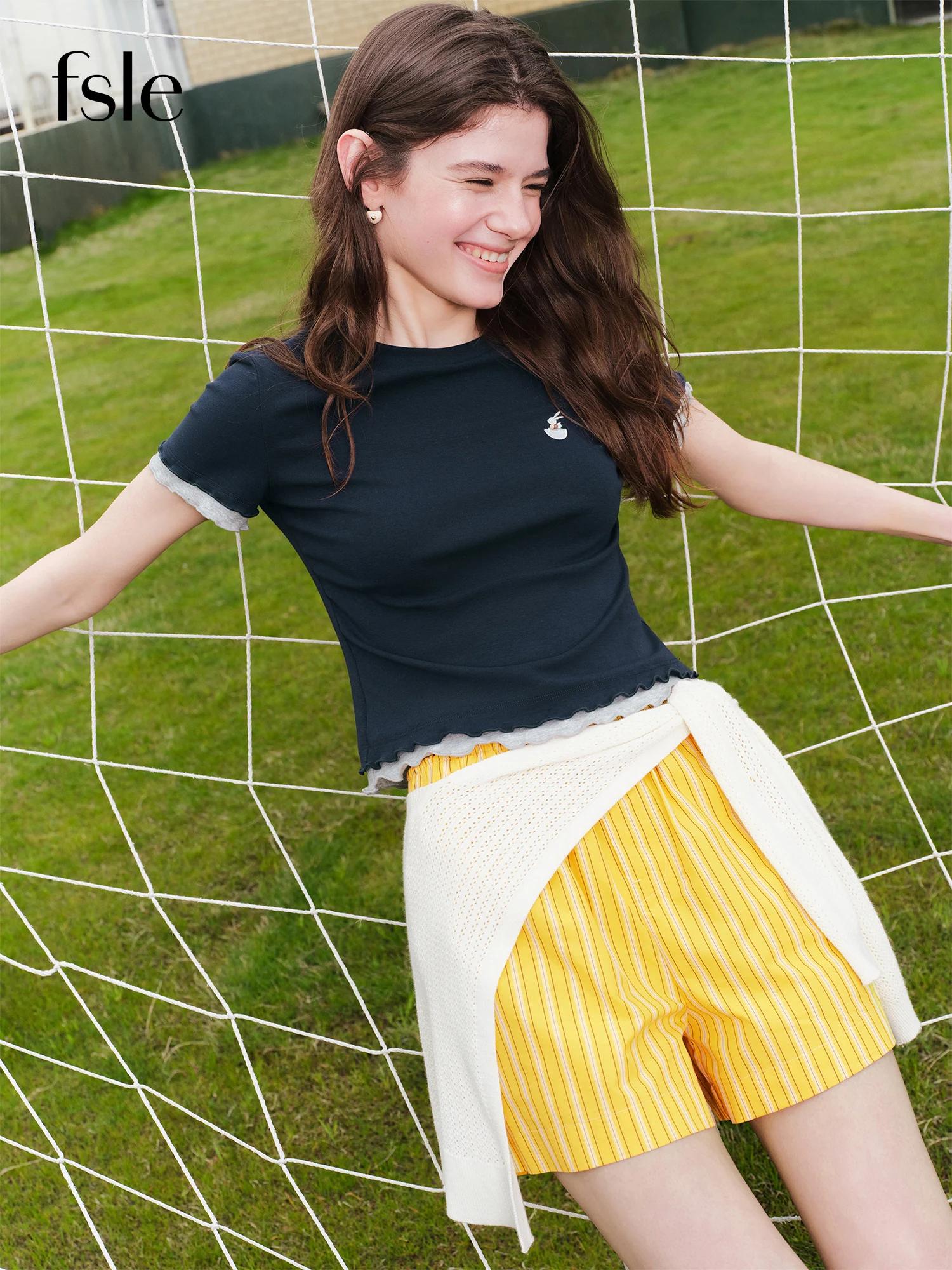 T-shirt à manches courtes en coton FSLE pour femme, effet deux pièces, couleur contrastante, style «