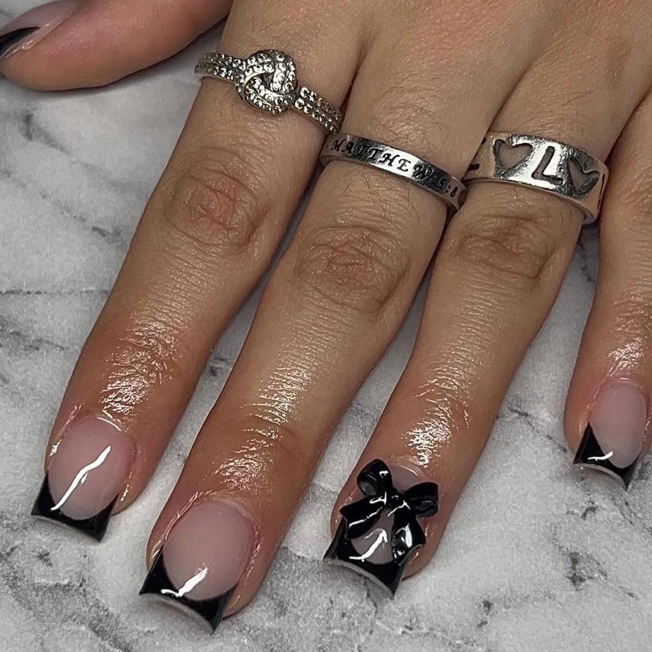 24 pièces presse sur ongles nœud papillon noir presse sur ongles blanc perle douce pointe française