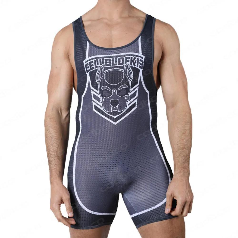 Combinaison Singlet de lutte pour hommes, une pièce, body sans manches, boxe, Lycra élastique, Triat