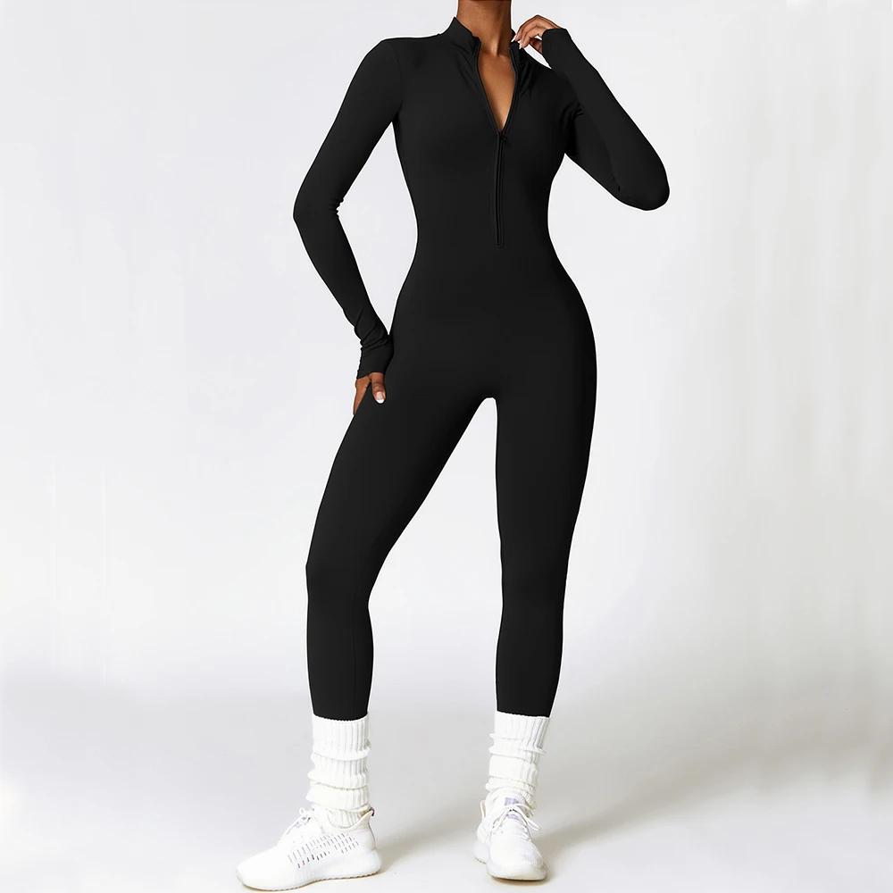 Vêtements de sport une pièce à manches longues pour femmes, barboteuse de Yoga à fermeture éclair, c