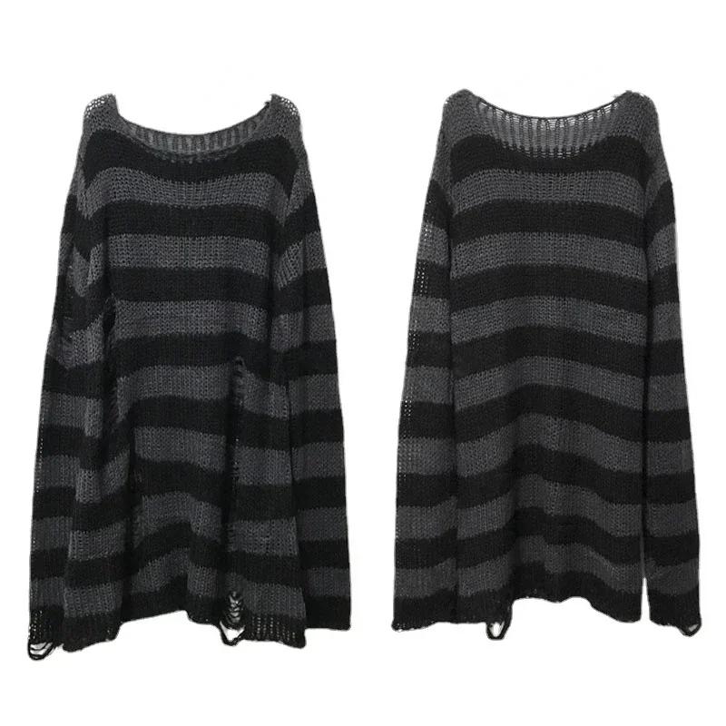 Nouveau automne Punk gothique Long unisexe pull femmes rayé Cool évider trou cassé pull ample Rock m