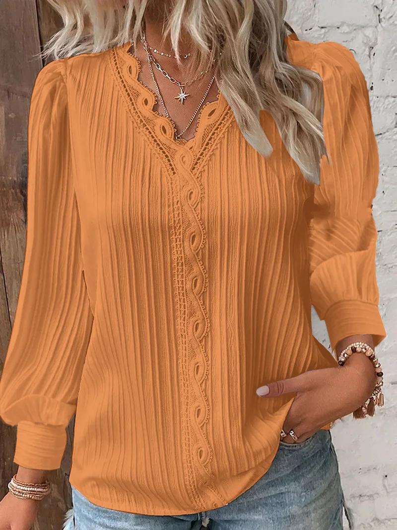 Élégant été dentelle creuse Patchwork femmes chemise Chic Blouse col en V à manches longues chemise