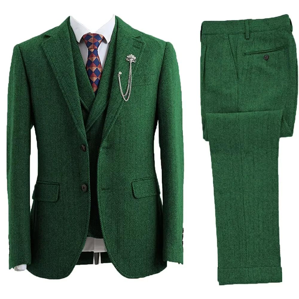 Tuxedos croisés à chevrons en tweed trempé pour hommes, vêtements de mariage, 3 pièces, taille