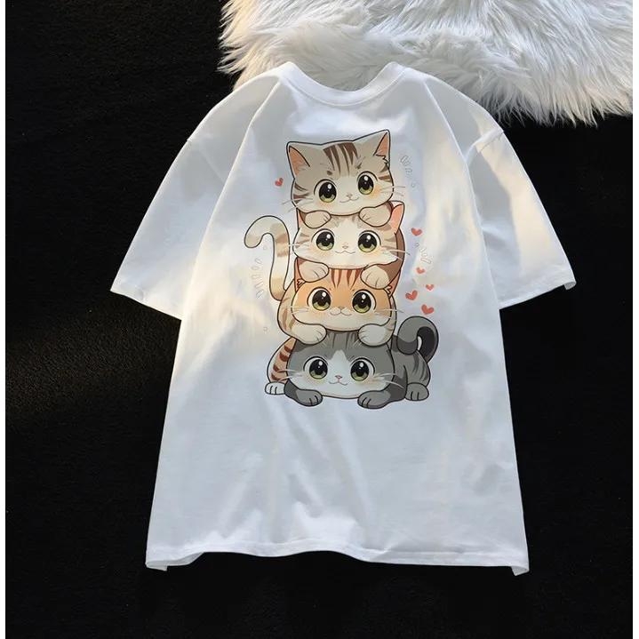 T-shirt manches courtes col rond femme, décontracté, ample et polyvalent, imprimé chat de dessin ani