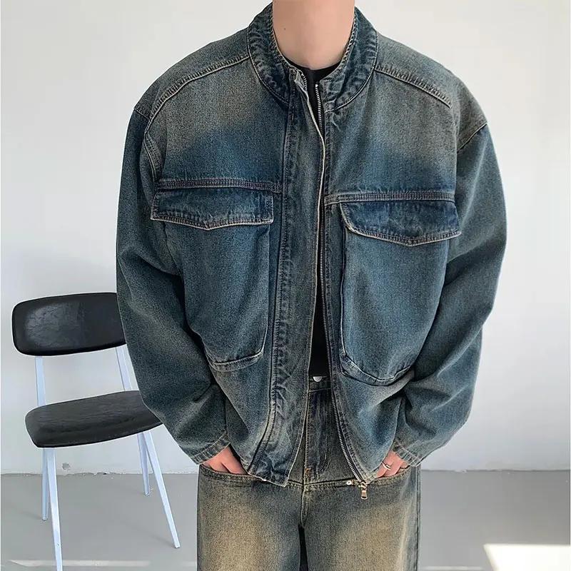 Vestes en jean à col montant tendance pour hommes, style américain ample, décontractées, vintage, dé
