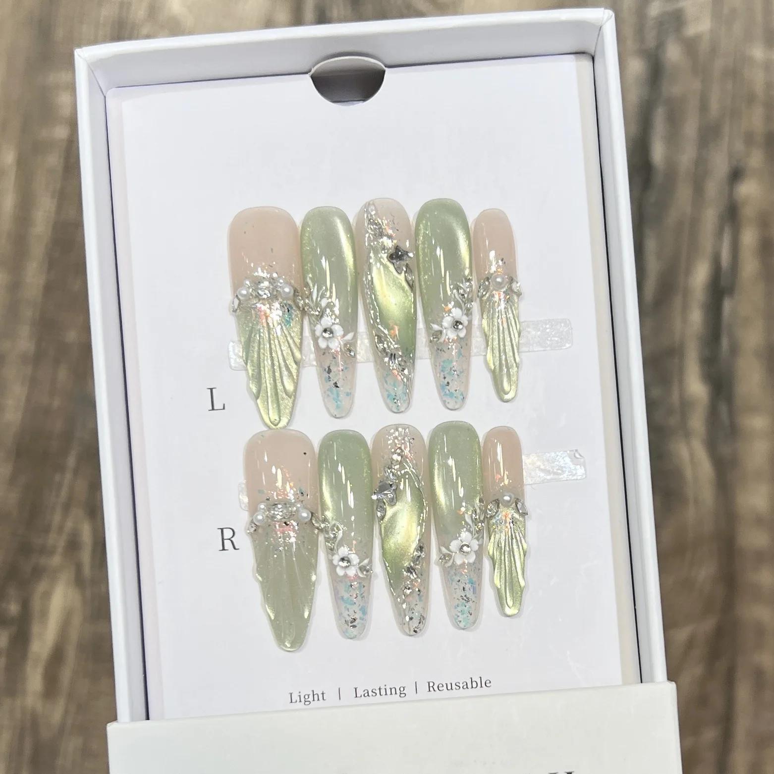 10 pièces rose oeil de chat faux ongles 3D papillon faux ongles diamant perle presse sur ongles dégr