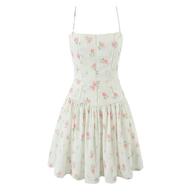 YENKYE Sexy bretelles Spaghetti imprimé fleuri Mini robes femmes taille basse a-ligne été vacances R