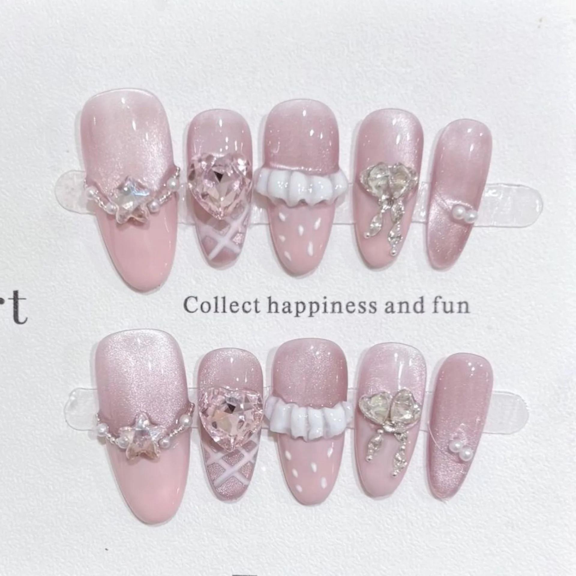 10 pièces violet oeil de chat fait à la main faux ongles conseils paillettes mi-longue ovale presse