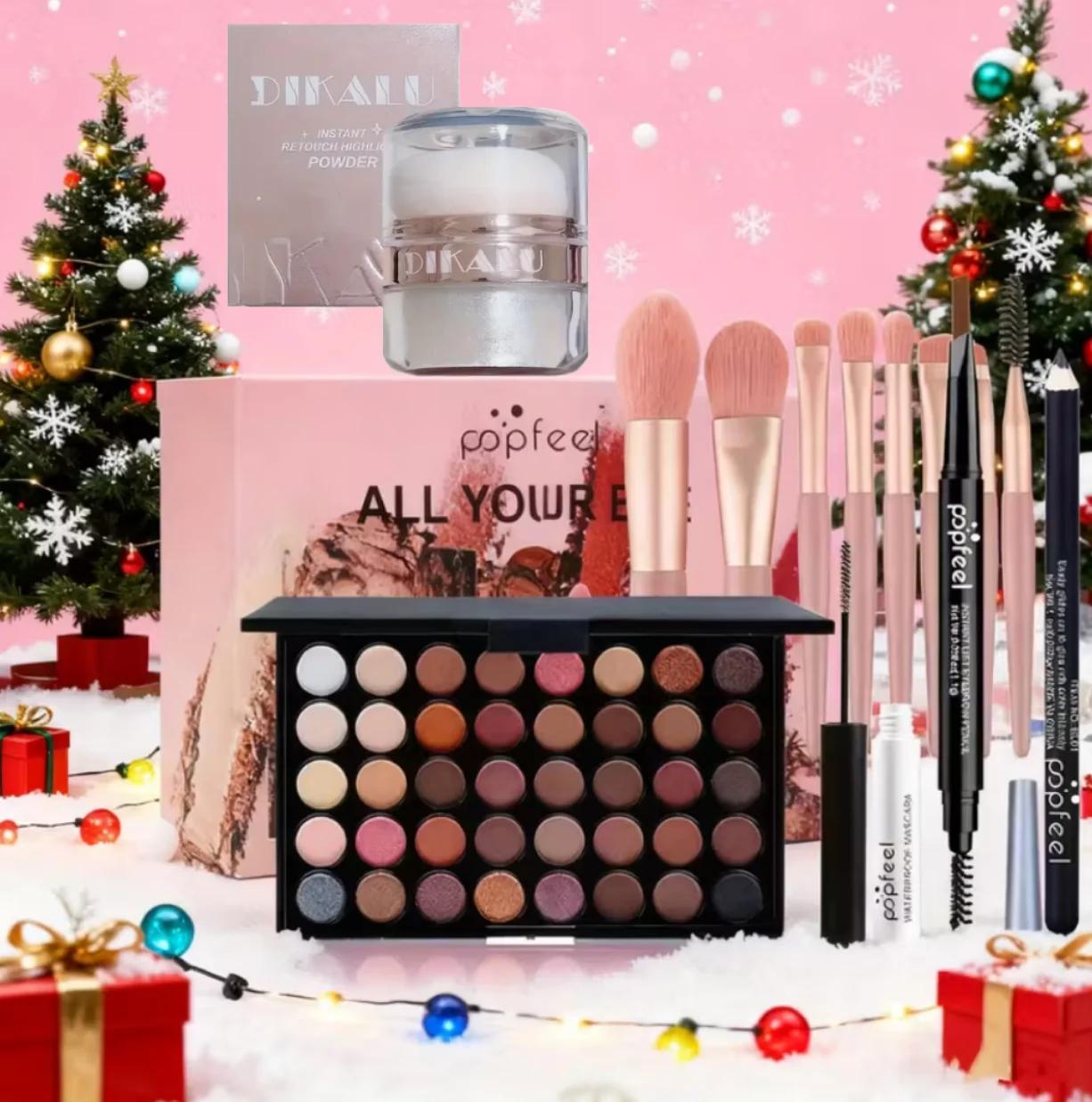 POPFEEL Kit de maquillage complet tout-en-un avec pinceau + illuminateur pour le visage - Ensemble d