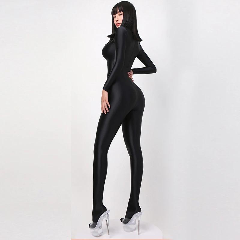Japonais Sexy femmes à manches longues body une pièce maillot de bain collants soyeux Satin brillant