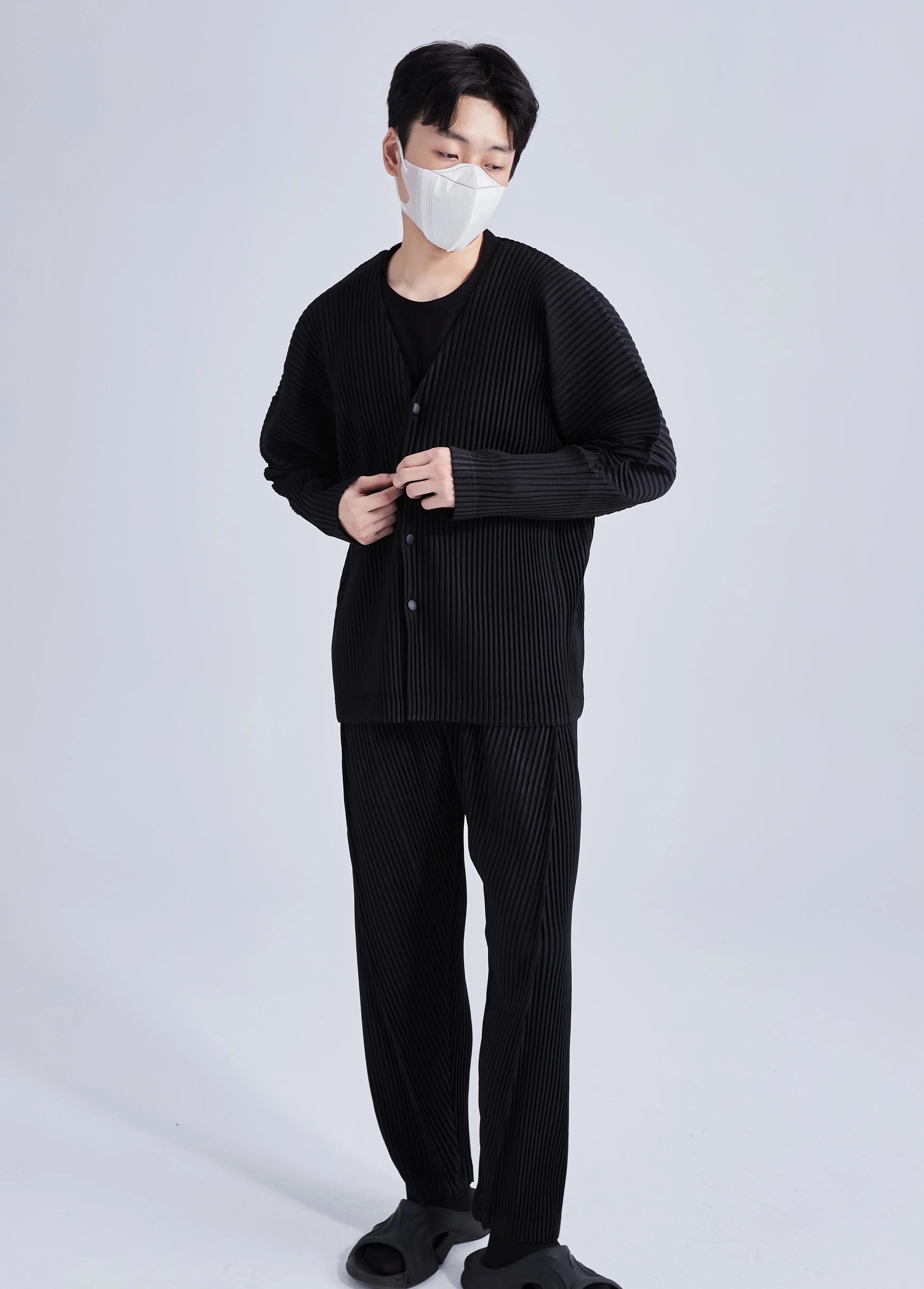 Ata Yake-Veste plissée à col en V pour homme, manteau sans col, simple boutonnage, manches longues,