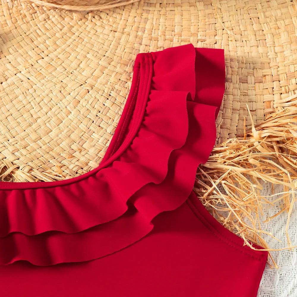 Maillot de bain une pièce rouge rétro à volants pour adolescentes 5-14 ans - Vêtement plage été