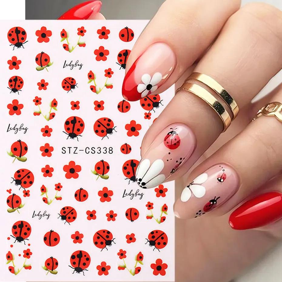 Autocollants pour ongles coccinelle de dessin animé 3D, 2 pièces, pétales rouges d'insecte mignons,