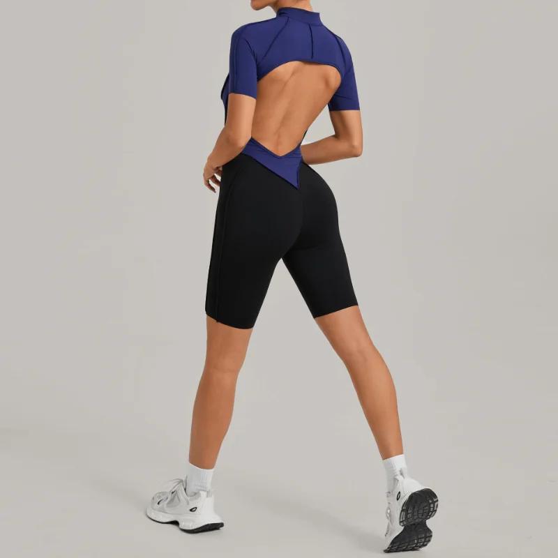 Combinaison de sport une pièce à fermeture éclair pour femme, dos en V, sans manches, dos nu, pour y